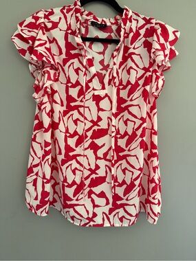 1. State Red & White Abstract Ruffle Sleeve Blouse